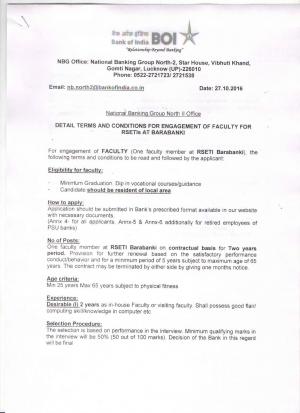 Bank of India Recruitment 2016 for Faculty Member Post