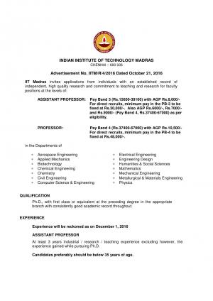 IIT, Madras Recruitment 2016 for Faculty Posts