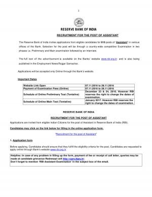 RBI Recruitment 2016, 610 Assistant Vacancies, Apply before 28 November 2016 