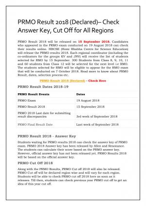 PRMO Result 2018 (Declared)– Check Answer Key, Cut Off for All Regions