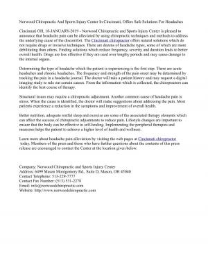 Norwood Chiropractic And Sports Injury Center In Cincinnati, Offers Safe Solutions For Headaches