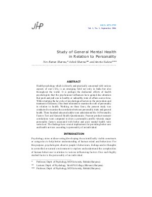 Study of General Mental Health in Relation to Personality by Nov Rattan Sharma, Ashok Sharma and Amrita Yadava