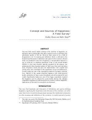 Concept and Sources of Happiness: A Field Survey by Radhey Shyam and Rajbir Singh