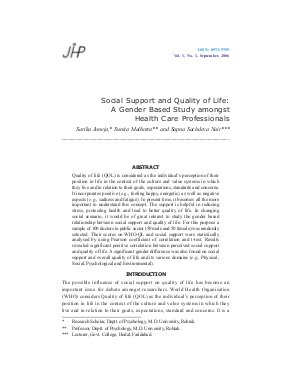 Social Support and Quality of Life: A Gender Based Study amongst Health Care Professionals by Sarika Juneja, Sunita Malhotra  and Sapna Sachdeva Nair