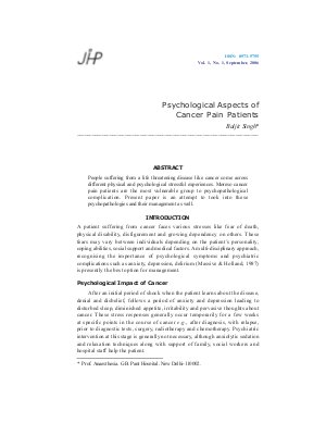 Psychological Aspects of Cancer Pain Patients by Baljit Singh