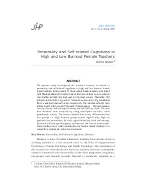 Personality and Self-related Cognitions in High and Low Burnout Female Teachers by Meena Kumari