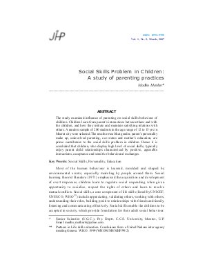 Social Skills Problem in Children: A study of parenting practices by Madhu Mathur