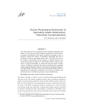 Psycho-Physiological Mechanism of Spirituality-Health Relationship: Theoretical Conceptualisation by A. K. Srivastava and A. Krishna