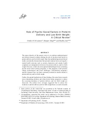 Role of Psycho-Social Factors in Preterm Delivery and Low Birth Weight: A Critical Review by Urmila R. Srivastava, Manjari Singh and Madhu Jain