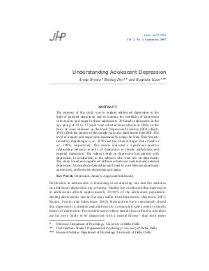 Understanding Adolescent Depression by Aruna Broota Shohag Dey and Rupinder Kaur