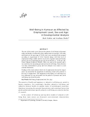 Well-Being in Kumaun as Affected by Employment Level, Sex and Age: A Developmental Analysis by Ruchi Kakkar and Aradhana Shukla