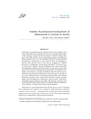Healthy Psychosocial Development of Adolescents in Context to Family by Suninder Tung and Damanjit Sandhu