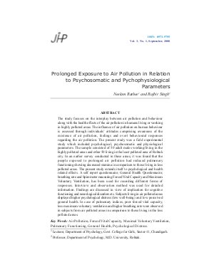 Prolonged Exposure to Air Pollution in Relation to Psychosomatic and Pychophysiological Parameters by Neelam Rathee and Rajbir Singh