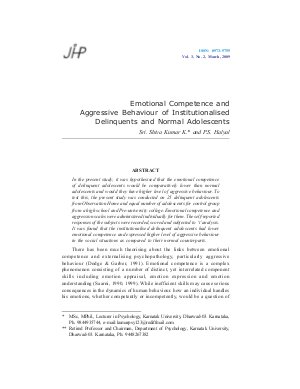 Emotional Competence and Aggressive Behaviour of Institutionalised Delinquents and Normal Adolescents by Sri. Shiva Kumar K. and P.S. Halyal