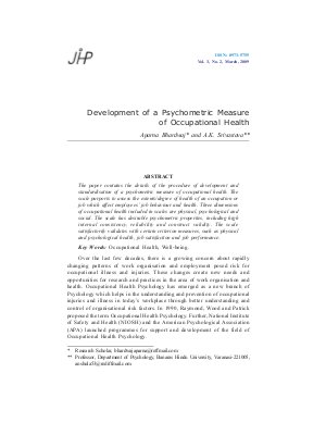 Development of a Psychometric Measure of Occupational Health by Aparna Bhardwaj and A.K. Srivastava