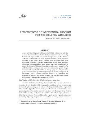 EFFECTIVENESS OF INTERVENTION PROGRAM FOR THE CHILDREN WITH ADHD by Jayanthi. M and S. Kadhiravan