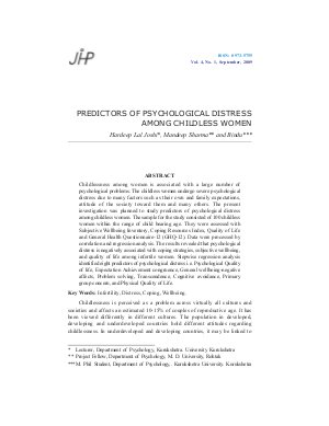 PREDICTORS OF PSYCHOLOGICAL DISTRESS AMONG CHILDLESS WOMEN by Hardeep Lal Joshi, Mandeep Sharma and Bindu