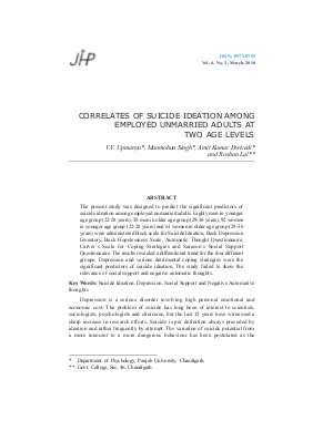 CORRELATES OF SUICIDE IDEATION AMONG EMPLOYED UNMARRIED ADULTS AT TWO AGE LEVELS by V.V. Upmanyu, Manmohan Singh, Amit Kumar Dwivedi and Roshan Lal