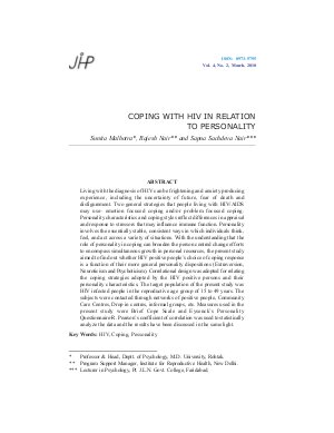COPING WITH HIV IN RELATION TO PERSONALITY by Sunita Malhotra, Rajesh Nair and Sapna Sachdeva Nair