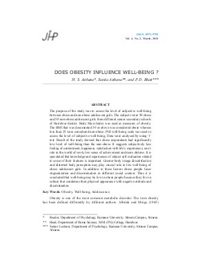 DOES OBESITY INFLUENCE WELL-BEING ? by H. S. Asthana, Sunita Asthana, and P. D. Bhatt