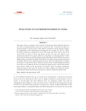 EVOLUTION OF ENTREPRENEURSHIP IN INDIA by S.N. Soundara Rajan and M. Senthil