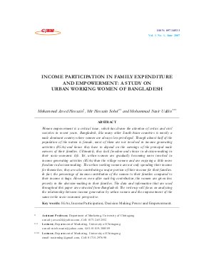 INCOME PARTICIPATION IN FAMILY EXPENDITURE AND EMPOWERMENT: A STUDY ON URBAN WORKING WOMEN OF BANGLADESH by Mohammed Javed Hossain, Mir Hossain Sohel and Mohammad Nasir Uddin