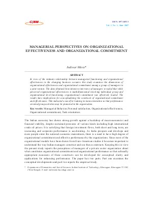 MANAGERIAL PERSPECTIVES ON ORGANIZATIONAL EFFECTIVENESS AND ORGANIZATIONAL COMMITMENT by Indiwar Misra