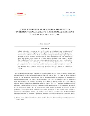 JOINT VENTURES AS KEY ENTRY STRATEGY IN INTERNATIONAL MARKETS: A CRITICAL ASSESSMENT OF SUCCESS AND FAILURE by Amit Gautam