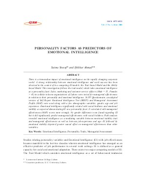 PERSONALITY FACTORS AS PREDICTORS OF EMOTIONAL INTELLIGENCE by Saima Yousuf and Iftikhar Ahmad