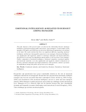EMOTIONAL INTELLIGENCE AS RELATED TO BURNOUT AMONG MANAGERS by Kiran Sahu and Shelley Yadav