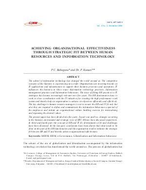ACHIEVING ORGANISATIONAL EFFECTIVENESS THROUGH STRATEGIC FIT BETWEEN HUMAN RESOURCES AND INFORMATION TECHNOLOGY by P.C. Bahuguna and Dr. P. Kumari