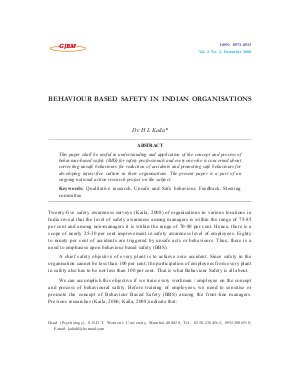 BEHAVIOUR BASED SAFETY IN INDIAN ORGANISATIONS by Dr. H L Kaila