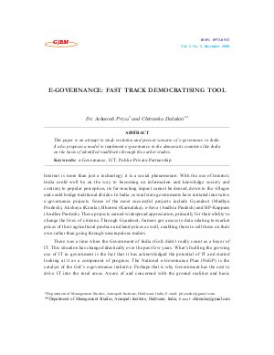 E-GOVERNANCE: FAST TRACK DEMOCRATISING TOOL by Dr. Ashutosh Priya and Chitranka Dalakoti