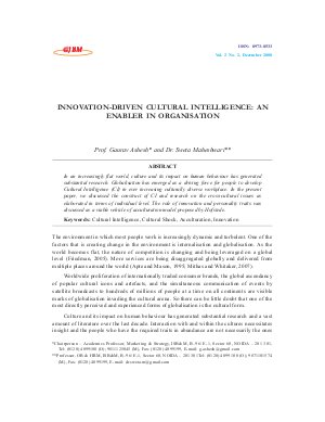 INNOVATION-DRIVEN CULTURAL INTELLIGENCE: AN ENABLER IN ORGANISATION by Prof. Gaurav Ashesh and Dr. Sweta Maheshwari