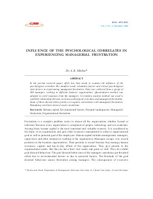 INFLUENCE OF THE PSYCHOLOGICAL CORRELATES IN EXPERIENCING MANAGERIAL FRUSTRATION by Dr. A.K. Mishra