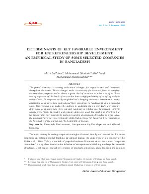 DETERMINANTS OF KEY FAVORABLE ENVIRONMENT FOR ENTREPRENEURSHIP DEVELOPMENT: AN EMPIRICAL STUDY OF SOME SELECTED COMPANIES IN BANGLADESH by Md. Abu Taher, Mohammad Shahab Uddin and Mohammad Shamsuddoha
