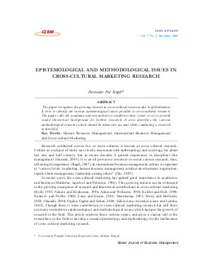 EPISTEMOLOGICAL AND METHODOLOGICAL ISSUES IN CROSS-CULTURAL MARKETING RESEARCH Devinder by Pal Singh