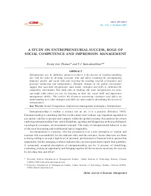 A STUDY ON ENTREPRENEURIAL SUCCESS, ROLE OF SOCIAL COMPETENCE AND IMPRESSION MANAGEMENT by Resmi Ann Thomas and T.J. Kamalanabhan