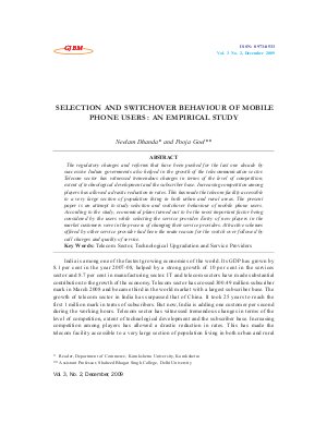 SELECTION AND SWITCHOVER BEHAVIOUR OF MOBILE PHONE USERS : AN EMPIRICAL STUDY by Neelam Dhanda and Pooja Goel