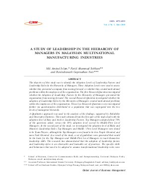 A STUDY OF LEADERSHIP IN THE HIERARCHY OF MANAGERS IN MALAYSIAN MULTINATIONAL MANUFACTURING INDUSTRIES by Md. Aminul Islam, Farid Ahammad Sobhani and Ravindranath Gopinathan Nair
