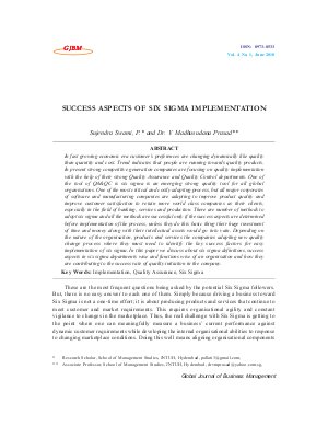 SUCCESS ASPECTS OF SIX SIGMA IMPLEMENTATION by Sujendra Swami, P. and Dr. V. Madhusudana Prasad