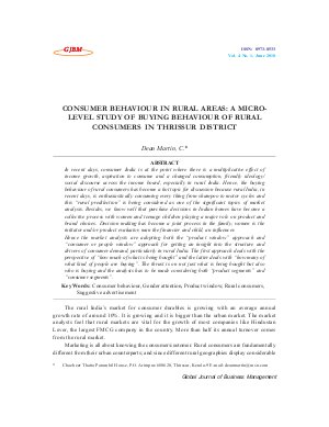 CONSUMER BEHAVIOUR IN RURAL AREAS: A MICROLEVEL STUDY OF BUYING BEHAVIOUR OF RURAL CONSUMERS IN THRISSUR DISTRICT by Dean Martin, C.