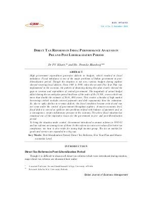 DIRECT TAX REFORMS IN INDIA: PERFORMANCE ANALYSIS IN PRE AND POST LIBERALIZATION PERIOD by Dr P.V. Khatri, and Ms. Promila Bhardwaj