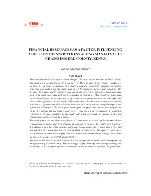 FINANCIAL RESOURCES AS A FACTOR INFLUENCING ADOPTION OF INNOVATIONS ALONG MANGO VALUE CHAINS IN MERU COUNTY, KENYA by Isaiah Gitonga Imaita