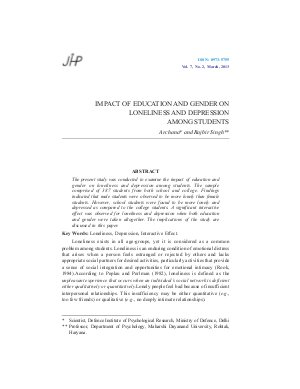 IMPACT OF EDUCATION AND GENDER ON LONELINESS AND DEPRESSION AMONG STUDENTS by Archana and Rajbir Singh