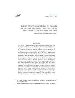 IMPACT OF ECONOMIC STATUS ON QUALITY OF LIFE IN CAREGIVERS OF PATIENTS WITH PRIMARY OSTEOARTHRITIS OF THE KNEE by Shahin Ghani, and Bhupinder Singh
