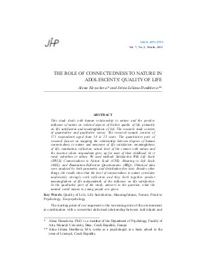 THE ROLE OF CONNECTEDNESS TO NATURE IN ADOLESCENTS’ QUALITY OF LIFE by Alena Slezackova and Jirina Liliana Doubkova