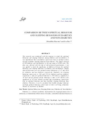COMPARISON BETWEEN SPIRITUAL BEHAVIOR AND SLEEPING BEHAVIOR OF DIABETICS AND NON-DIABETICS Shraddha Sharma and Ira Das