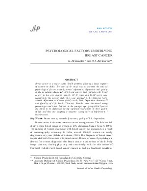 PSYCHOLOGICAL FACTORS UNDERLYING BREAST CANCER by N. Hemalatha and O.S. Ravindran