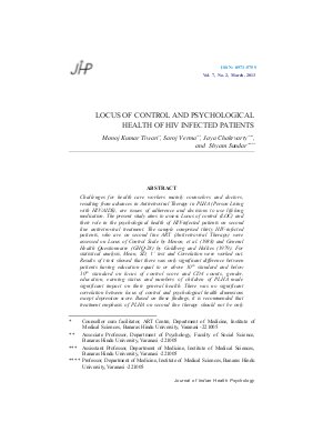 LOCUS OF CONTROL AND PSYCHOLOGICAL HEALTH OF HIV INFECTED PATIENTS by Manoj Kumar Tiwari, Saroj Verma, Jaya Chakrvarty, and Shyam Sundar